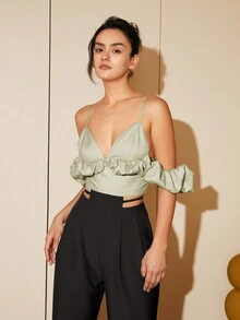 Women's Solid Color Ruched Detail Crop Cami Top - Green - View 3