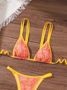 SHEIN Swim Conjunto bikini de dos piezas con impresión aleatoria, contraste de ribetes neón y copas acolchadas desmontables, ideal para la playa en verano