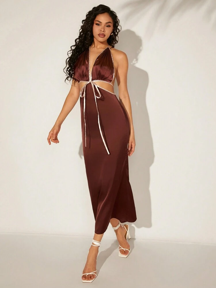 Contrast Tie Backless Halter Dress