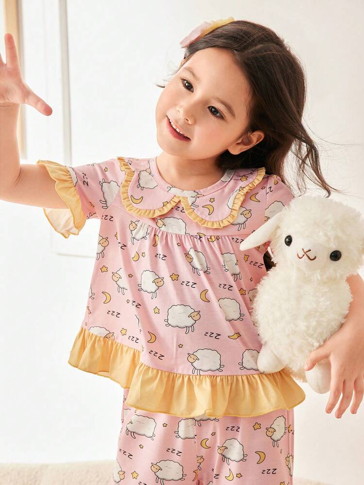Young Girl Cute Lamb Pattern Color Blocked Ruffle Hem Round Neck Short Sleeve Knit Pajama Set
