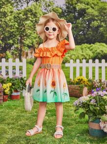 SHEIN 少女春夏甜美可愛假日向日葵印花露肩連衣裙