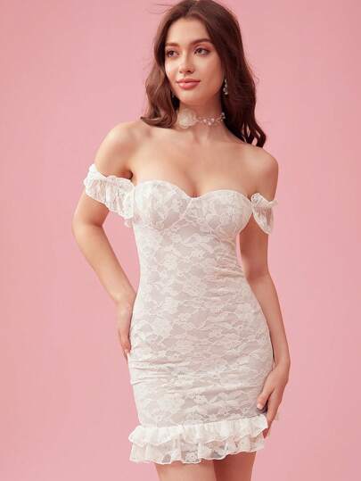 Enchnt Vestido blanco ceñido de encaje con hombros descubiertos y volantes para citas, para mujer de verano