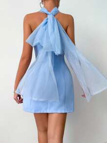 SHEIN Belle Blue Short Mesh Halter Party Dress - Blue - View 2