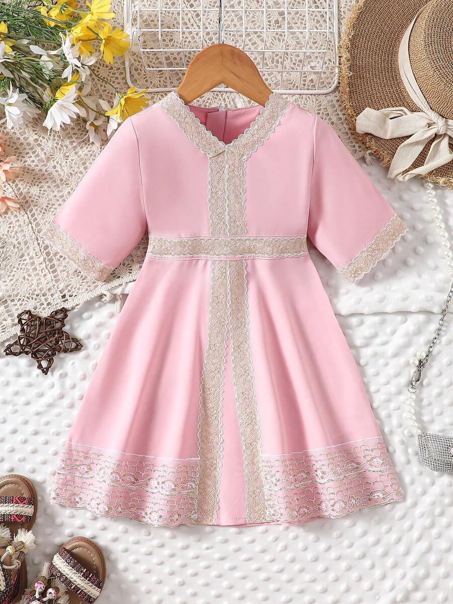 Black And Gold Embroidered Lace Long Baby Dress - Pink - View 1