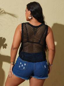 SHEIN Swim Curve Plus Size Nữ Kỳ Nghỉ Bãi Biển Mùa Hè Họa Tiết Hoa Khoét Hở Kim Sa Với Nút Đơn Và Thiết Kế Không Tay - màu đen - Xem 2