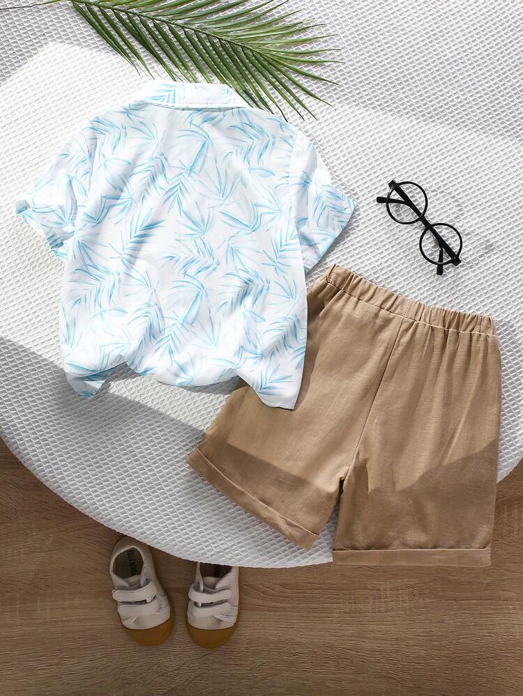 3pcs/Set Toddler Boys' Holiday Leisure Coconut Leaf Printed Collared Shirt, Solid Round Neck T-Shirt, And Shorts Outfit For Spring And Summer Vacation