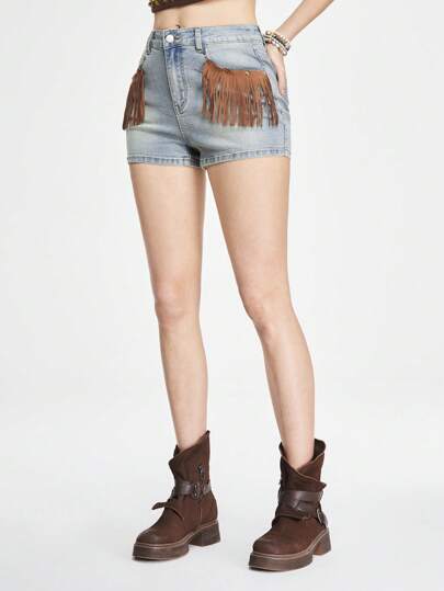 Hippie سروال جينز نسائي محاك بشكل ضيق ومزين بالخيوط الضفيرة للاجازات أو للأوقات الفراغية