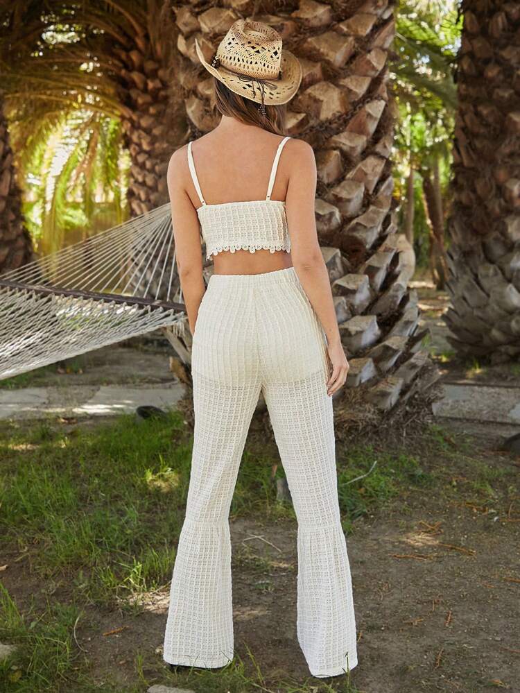 Summer Women Jacquard Patchwork Soluble Lace Sleeveless Cami Top And Mermaid Tail Pants Set