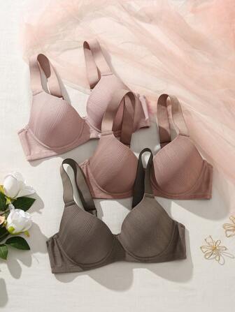 3st/set Fritids Mjuk och Bekväm BH med breda remmar, push-up och andningsbar design med bygel, All-Match outfit till vardags
