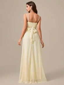 V-Neck Sleeveless Criss Cross Ruffles Chiffon Formal Evening Dress - Apricot - View 2