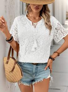 SHEIN LUNE Women Fashionable Solid Color Lacy Printed Short-Sleeved Shirt - White - View 3