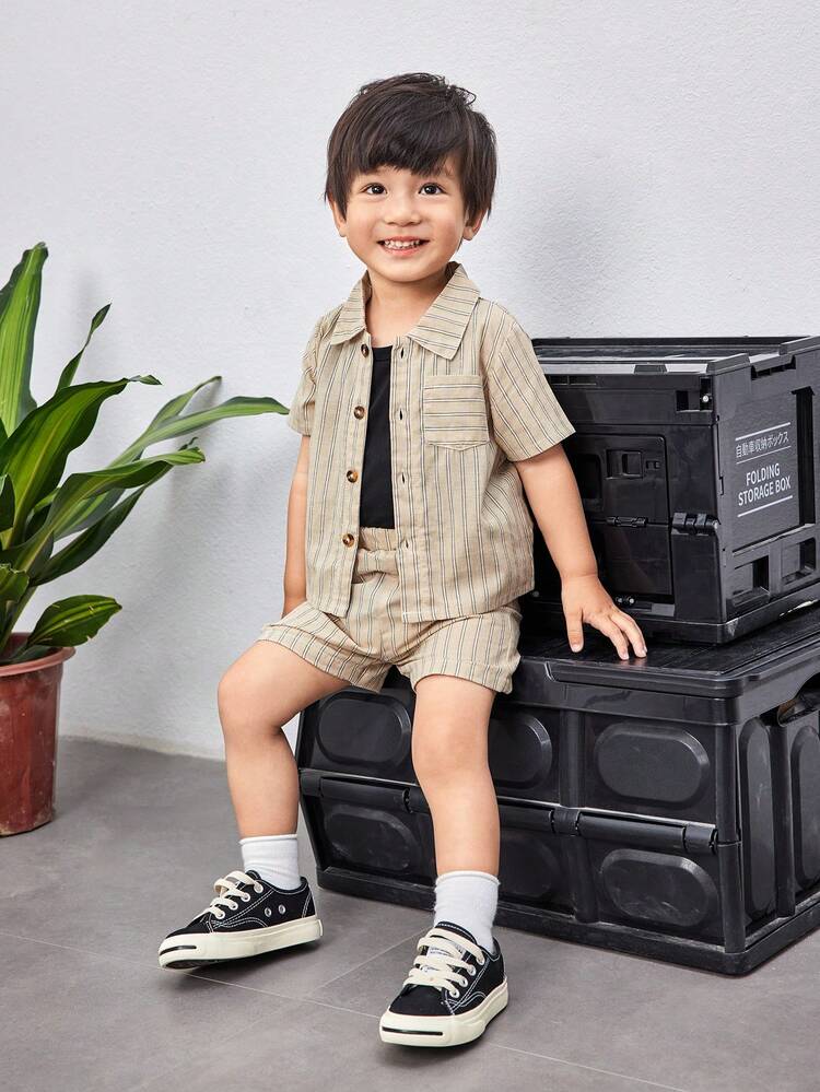 3pcs/Set Baby Boy Casual And Fashionable Basic Striped Fabric Outfits, Suitable For Spring And Summer Outdoor Activities.