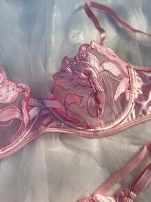 Women Floral Embroidery Mesh Sexy Lingerie Set 2 Pieces For Going Out - Pink - View 5
