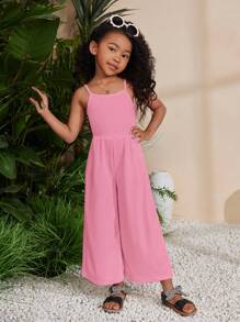 SHEIN Young Girl Knitted Plain Jumpsuit With Shoulder Straps For Spring And Summer Vacation And Leisure