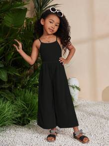 SHEIN Young Girl Spring/Summer Knit Solid Color Spaghetti Strap Jumpsuit For Holiday & Leisure