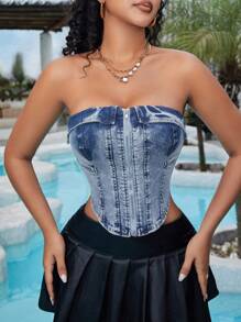 SHEIN SXY Women Summer Slim Fit Denim Top With Asymmetric Hem And Fold Design - Light Wash - View 5