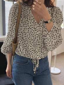 DAZY 女士宽松灯笼袖花朵印花衬衫，秋季服装，返校服装长袖上衣 - 白色 - 查看 5