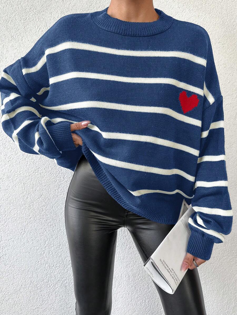 EURMUSE Women's Plus Size Striped Heart Pattern Pullover Sweater - Navy Blue - View 1