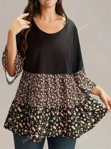 Plus Size Casual Floral Patchwork Bell Sleeve Vacation Top