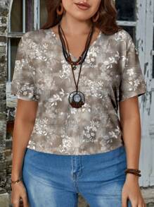 EMERY ROSE 夏季休閒復古印花V領短袖修身女裝大尺碼T恤 - 棕色 - 查看 3