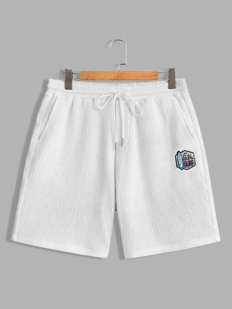 Men's Elastic Waist Embroidered Summer Beach Casual White Shorts