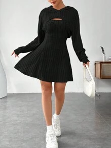 SHEIN EZwear 女士春夏季純色落肩長袖超短上衣和連衣裙休閒2件裝 - 黑色 - 查看 6