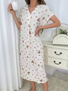 Vestido de pijama de manga corta para mujer con estampado de oso lindo y florecitas