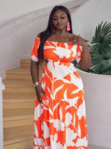 Slaydiva Vestido largo elegante y sexy con diseño hombros descubiertos, corte en A y diseño multicapa, abertura en la cintura y estampado floral de unicolor, adecuado para vacaciones, talla grande - Verano - Naranja - Ver 3