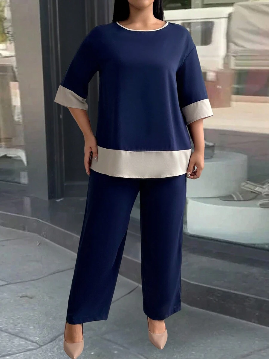 EMERY ROSE Plus Size Nữ Mùa Hè Khối Màu Dáng Rộng Cổ Tròn 3/4 Tay Trên Và Quần Dài 2 Bộ - Màu xanh hải quân - Xem 1