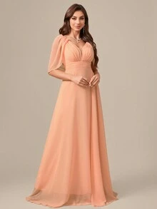 V-Neckline Elegant Maxi Dress With Cinched Waist And Back Drapery, Bridesmaid Dress - Orange - View 4