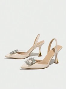 Tacones altos con puntera puntiaguda y decoración de strass, con tira trasera abierta, elegantes para fiestas, banquetes, bodas al aire libre en primavera y verano, color beige de PU, elegantes, bombas de mujer, elegantes, atuendos de fiesta - Beis - Ver 5