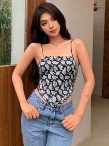 DAZY Top camisero asimétrico de verano con estampado completo para vacaciones, blusas bohemias