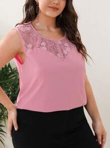 SHEIN CURVE+ Plus Size Lace Splice Sleeveless Shirt For Beach In Summer