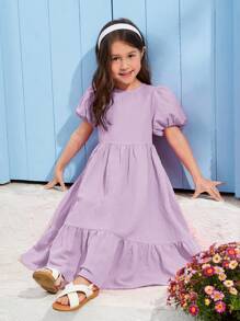 SHEIN Young Girl Woven Solid Color Loose Fit Casual Dress With Round Neckline