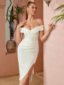 Vestido de fiesta con hombros descubiertos, dobladillo delantero con pliegues y abertura, de un solo color y con tiras ajustadas. - Blanco - Ver 4