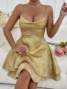 SHEIN Foxxy Vestido dorado con cuello swing, sin espalda y doble fondo - Dorado - Ver 6