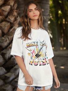 Forever 21 Women Oversized Casual Music Festival Printed Round Neck Loose Fit T-Shirt, Unisex - White - View 6