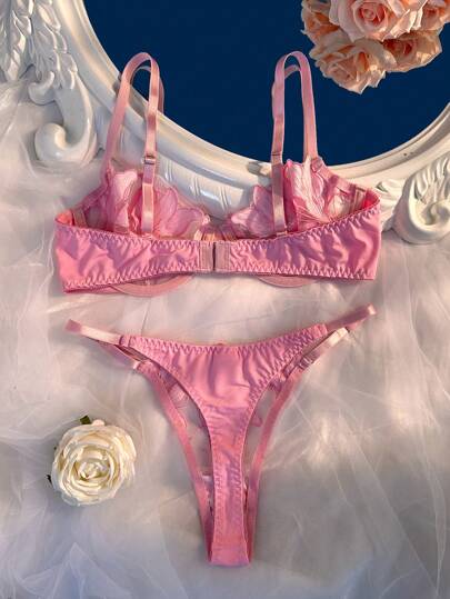Women Bloemen Geborduurde Mesh BH Slipje Underwear Set Underwire, Pieces Lingerie view 2