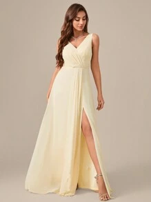 V-Neck Sleeveless Criss Cross Ruffles Chiffon Formal Evening Dress - Apricot - View 7