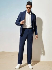 AKNOTIC Business Casual Men Easy Care Knit Solid Color Casual Fitted Trousers - Navy Blue - View 2