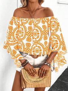 Breezaya Holiday Leisure Vintage Printed Off Shoulder Flare Sleeve Blouse - Yellow - View 3