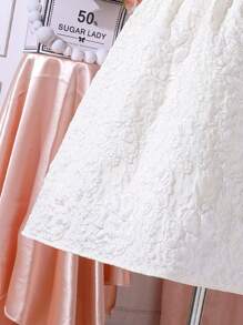 SHEIN Tween Girl zomerse elegante jurk met opstaande kraag, korte pofmouwen, bloemenjacquard en strikversieringen