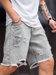 Manfinity Homme 男士春夏休闲破洞牛仔短裤纯色牛仔短裤度假宽松浅灰色牛仔短裤，适合老公、男朋友的礼物