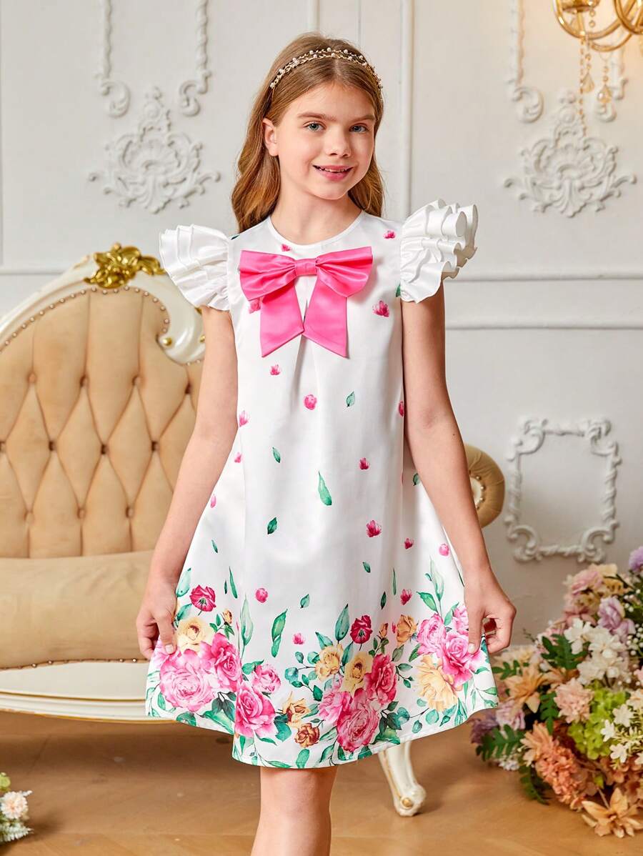 SHEIN Kleid mit kurzen Ärmeln aus bedrucktem Webstoff für Frühling und Sommer, süß und lieblich, für Mädchen im Tween-Alter - Weiss - Übersicht 1