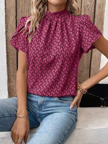 EMERY ROSE Women Fashion Stand Collar Printed Puff Sleeve Shirt - Hot Pink - View 6