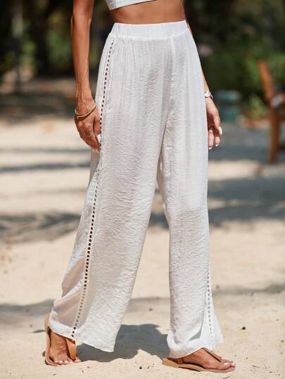 Swim Vcay Beach Outfits For Woman Summer Beach Ladies Fashionable Solid Color Hollow Out Loose Cover Up Pants