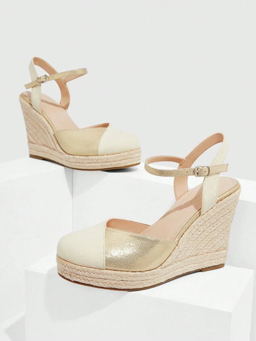Styleloop Women Two Tone Ankle Strap Shoes, Vacation Outdoor Canvas Court Wedges - Gold - View 1