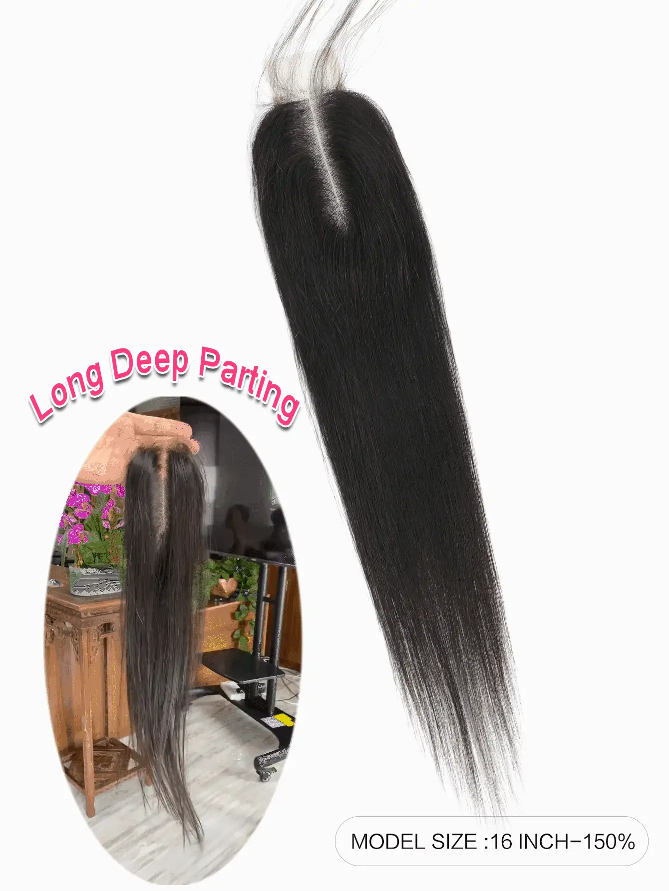 Cierre de encaje recto de 2x6 de 100% cabello humano con cierre de encaje transparente en medio largo, cabello Remy Kim K con pelo de bebé negro natural - Natural Black - Ver 2