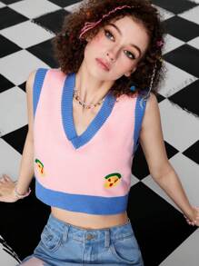 SHEINNeu Women's Summer Contrast Trim Graphic Pattern Sweater Vest - Pink - View 4