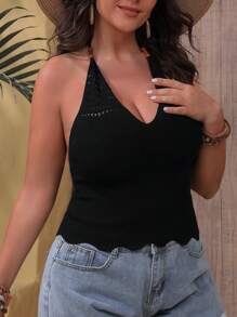 SHEIN VCAY Plus Size Women Solid Color Simple Hollow Out Knitted Top - Black - View 6